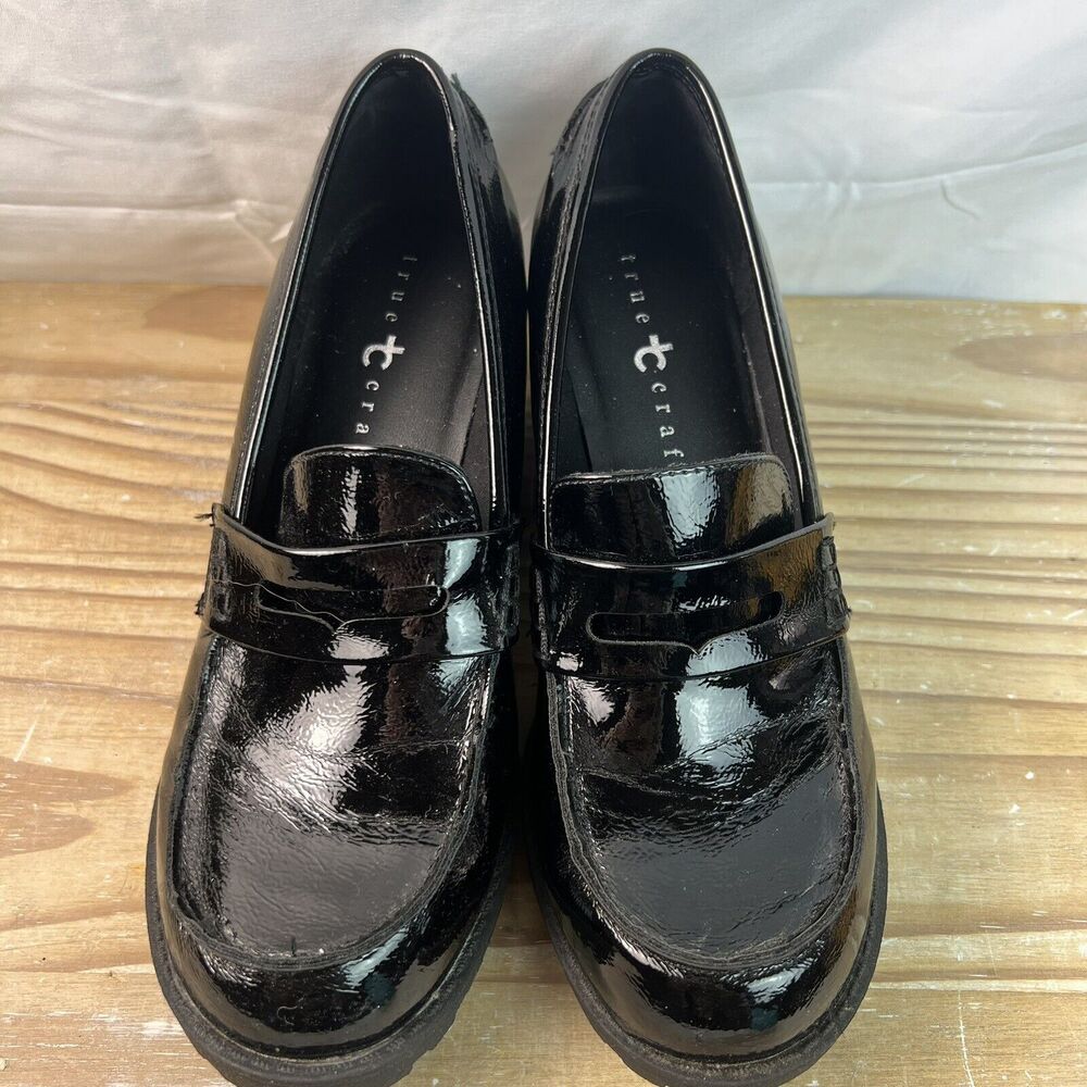 True Craft Y2K Style Chunky Heel Penny Loafers Black Patent Size 8.5 - Picture 3 of 9